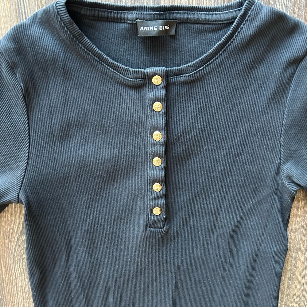 ANINE BING WOMENS BLACK SHKRT SLEEVE ALESSIA TOP TEE BLOUSE SIZE LARGE GOLD - Picture 2 of 5